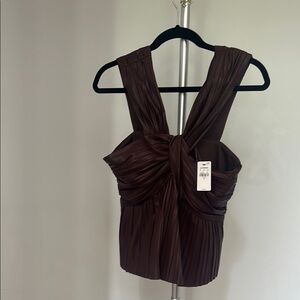 Express Chocolate Brown Pleated Bow Blouse